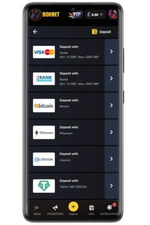 Deposit methods Visa PayPal Paysafecard