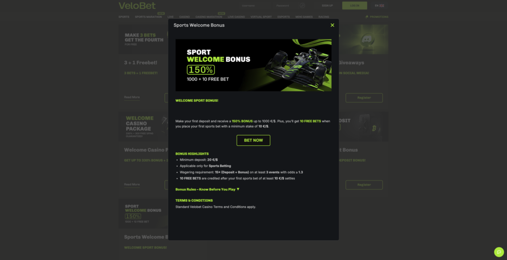 Sportsbook Welcome Bonus velobet