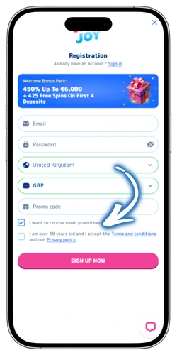 Casino Joy registration accept terms age confirmation UK