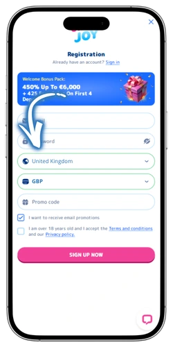 Casino Joy registration select country currency UK