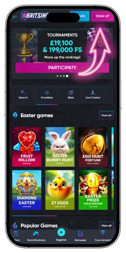 Britsino Casino homepage register button top right corner