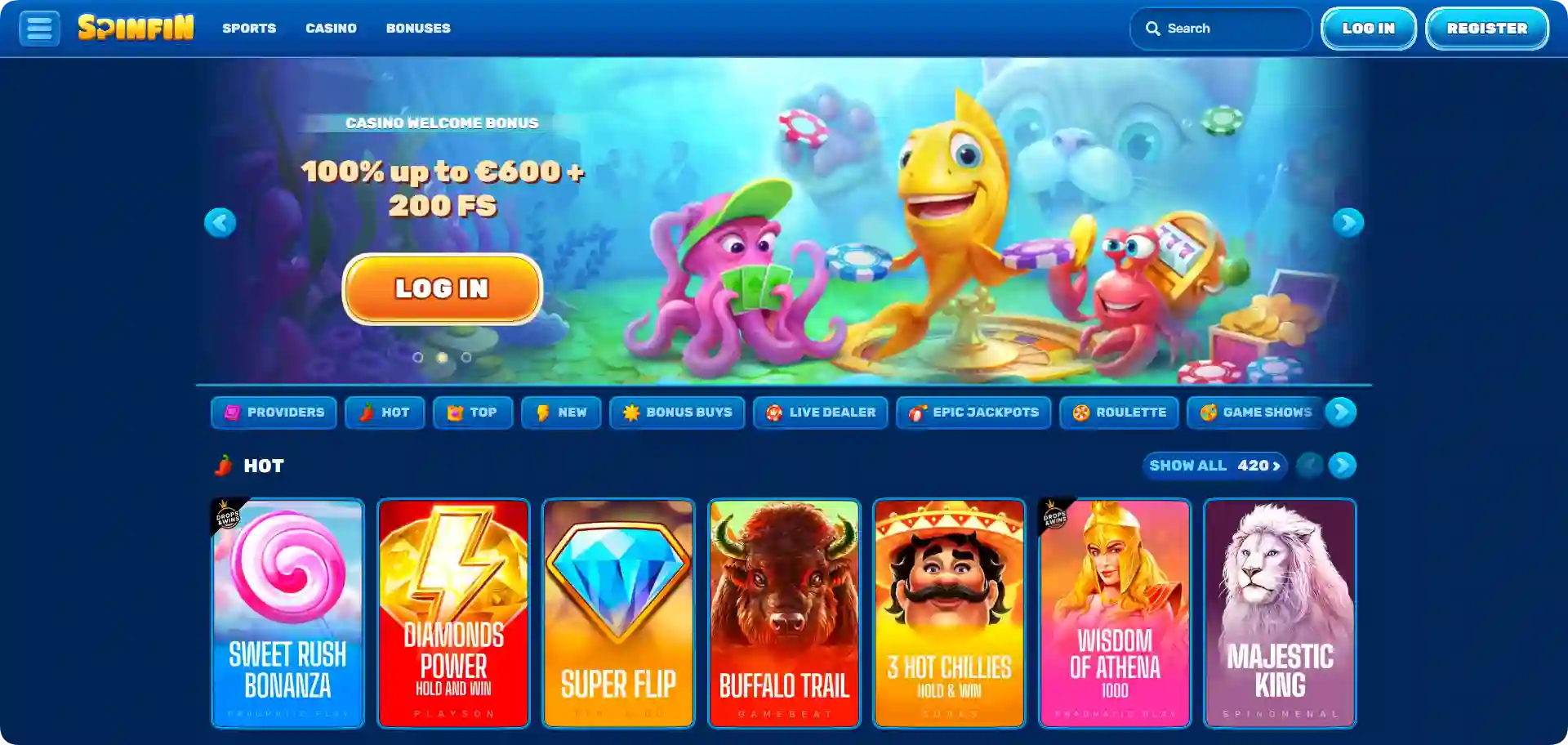 Spinfin Casino wild west slots lobby screenshot UK