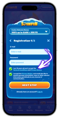 Spinfin Casino registration step 3 UK